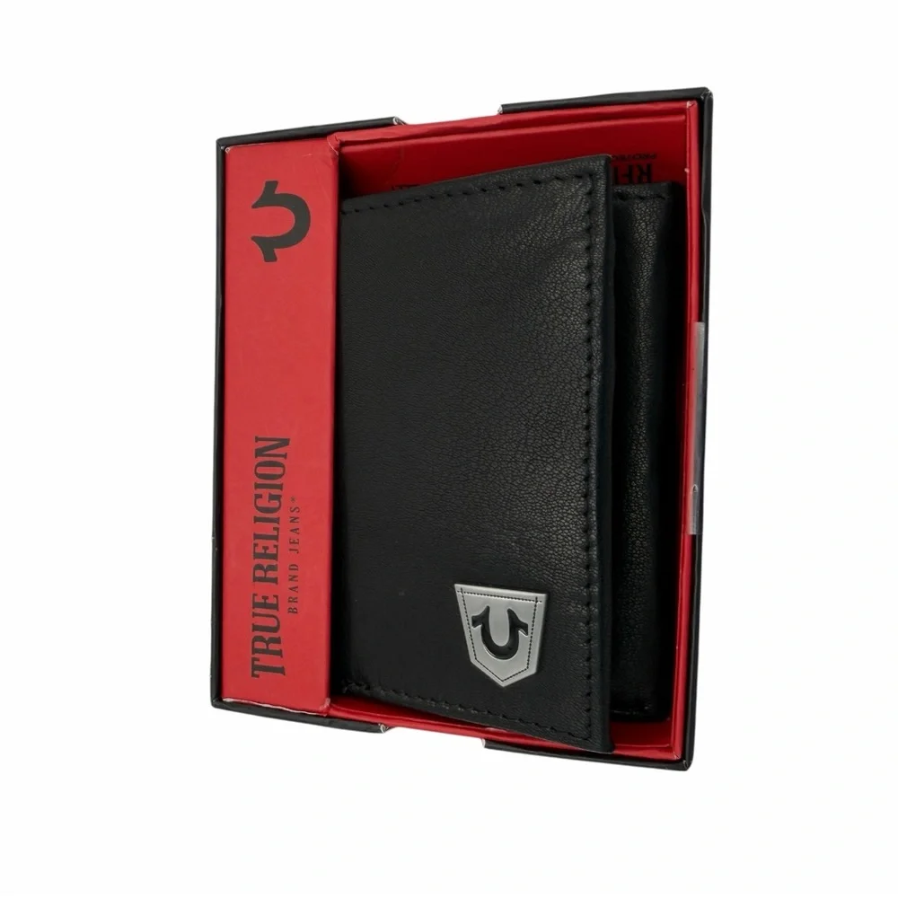 True Religion Genuine Leather RFID Wallet Black Trifold Silver Logo Plaque NIB
